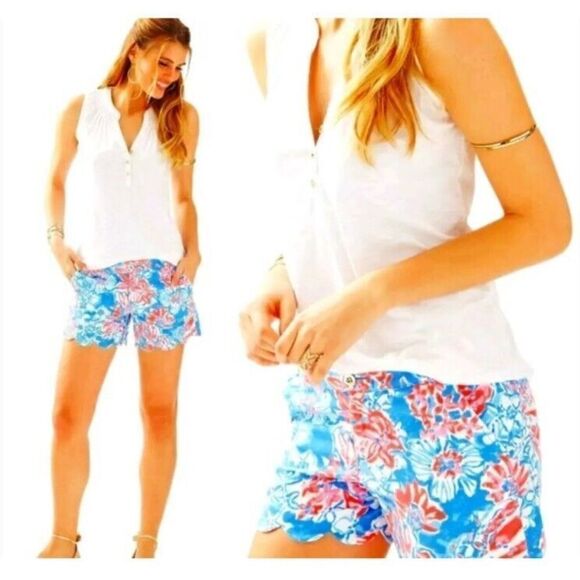EUC LILLY PULITZER SIZE 2 BUTTERCUP 5" SHORT *POP POP GLOW* BAY BLUE - Picture 1 of 8